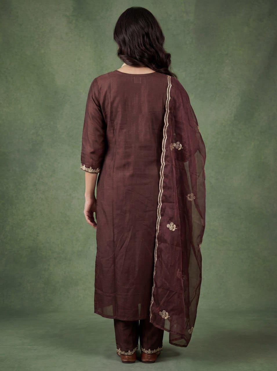 Brown Embroidered Cotton Kurta Pant Dupatta Set Women for Women
