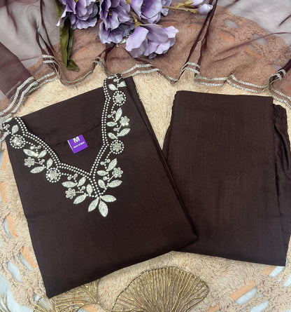 Brown Embroidered Cotton Kurta Pant Dupatta Set Women for Women