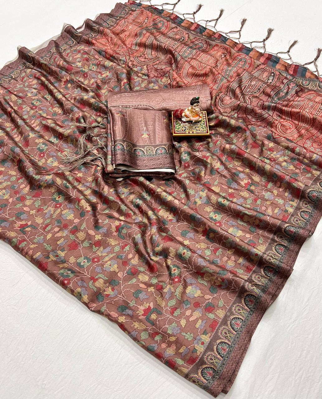 Brown Floral Pashmina Saree With Shawl And Blouse for Women