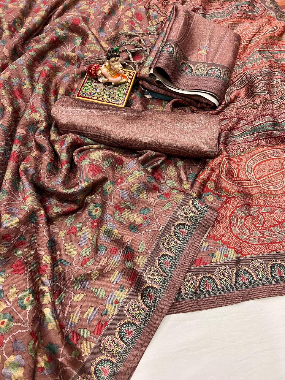 Brown Floral Pashmina Saree With Shawl And Blouse for Women