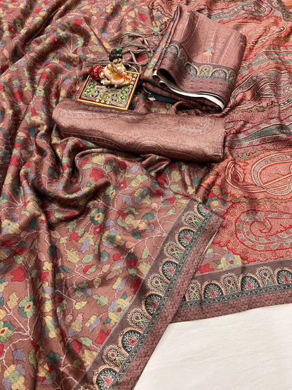 Brown Floral Pashmina Saree With Shawl And Blouse for Women