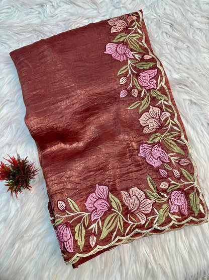 Rust Brown Gold Crush Saree with Floral Threadwork for Women