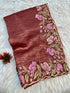 Rust Brown Gold Crush Saree with Floral Threadwork for Women