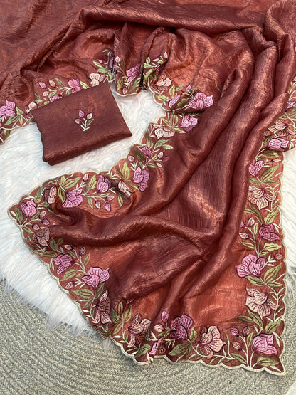 Rust Brown Gold Crush Saree with Floral Threadwork for Women