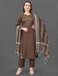 Brown Embroidered Kurta Pant Dupatta Set for Women