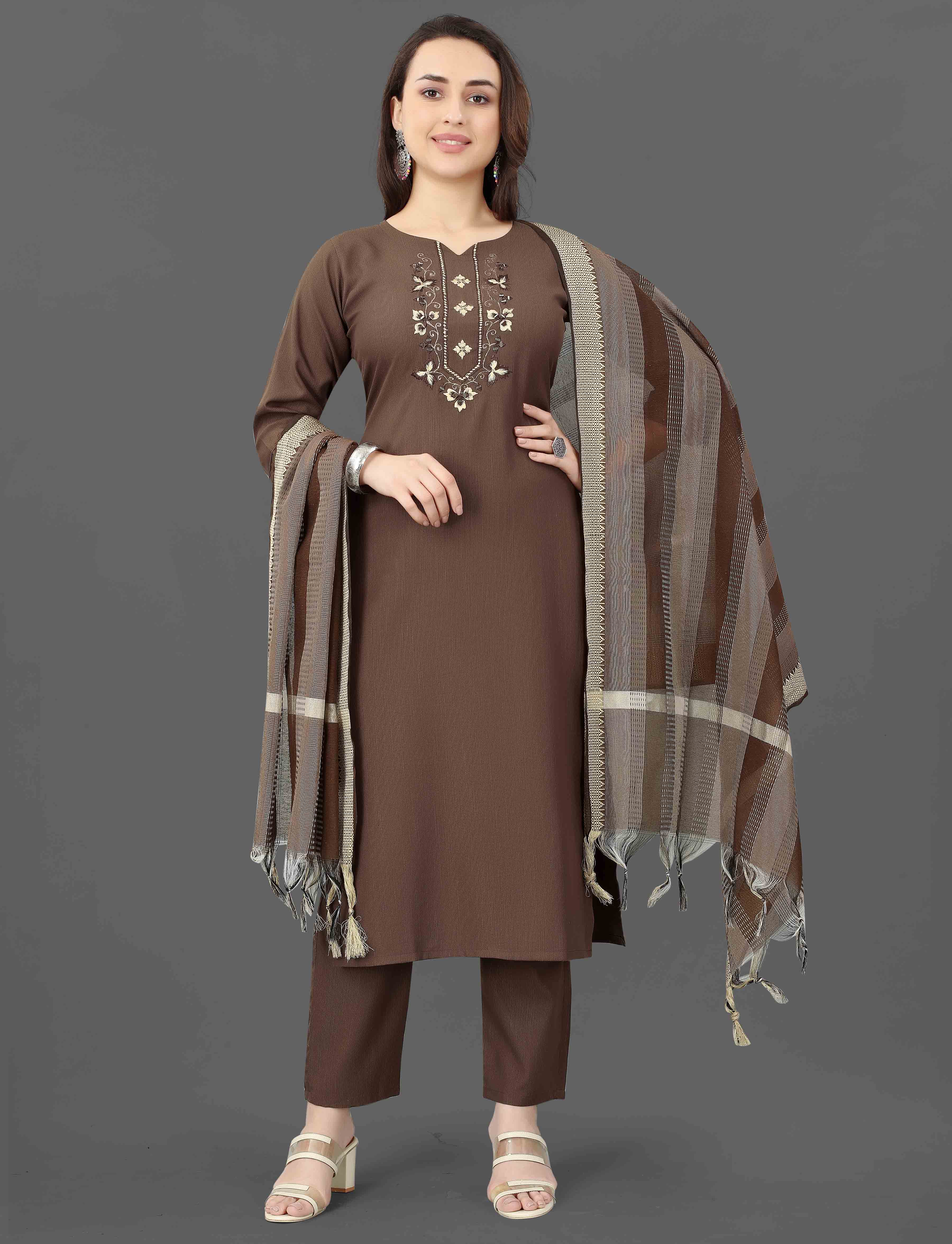Brown Embroidered Kurta Pant Dupatta Set for Women