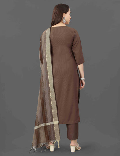 Brown Embroidered Kurta Pant Dupatta Set for Women
