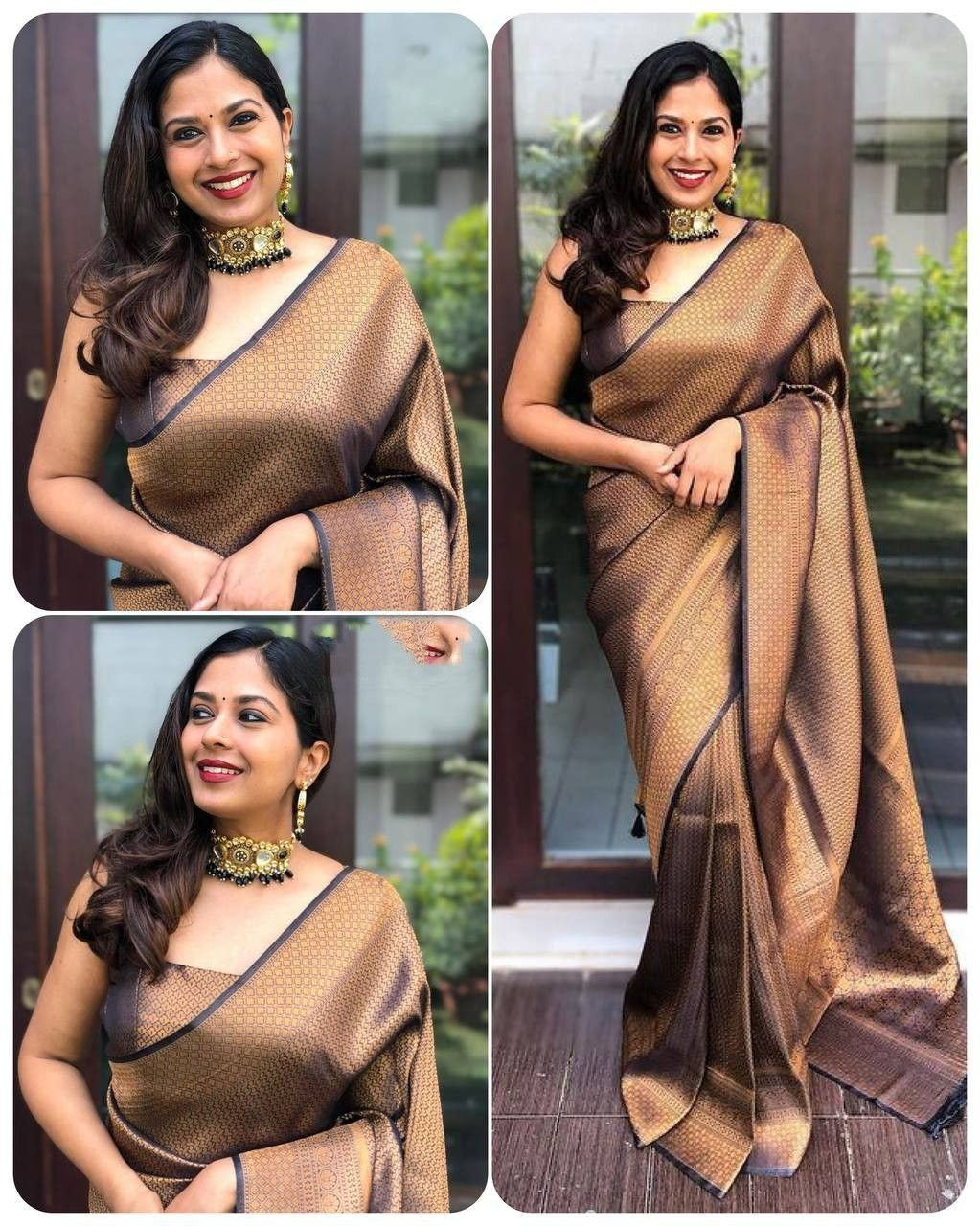 Brown Lichi Silk Saree with Rich Zari Weaving Pallu for Women
