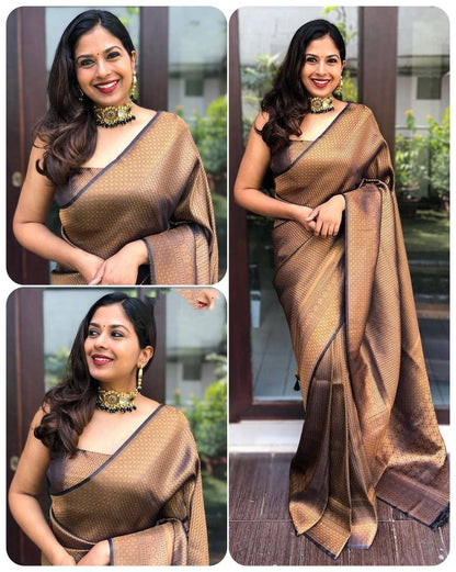 Brown Lichi Silk Saree with Rich Zari Weaving Pallu for Women