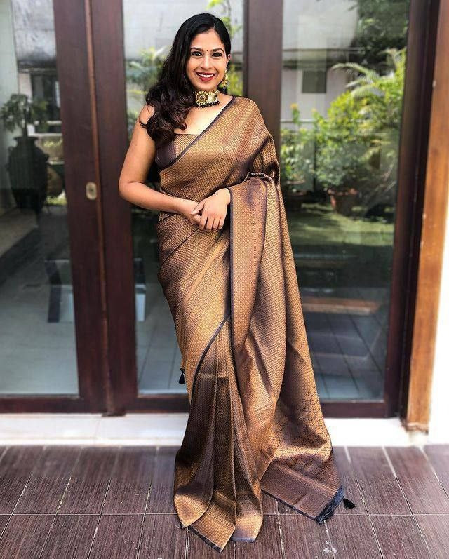 Brown Lichi Silk Saree with Rich Zari Weaving Pallu for Women