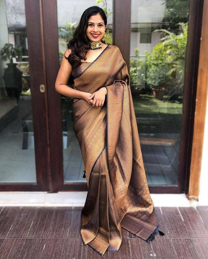 Brown Lichi Silk Saree with Rich Zari Weaving Pallu for Women