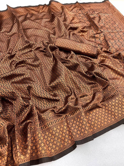 Brown Lichi Silk Saree with Rich Zari Weaving Pallu for Women