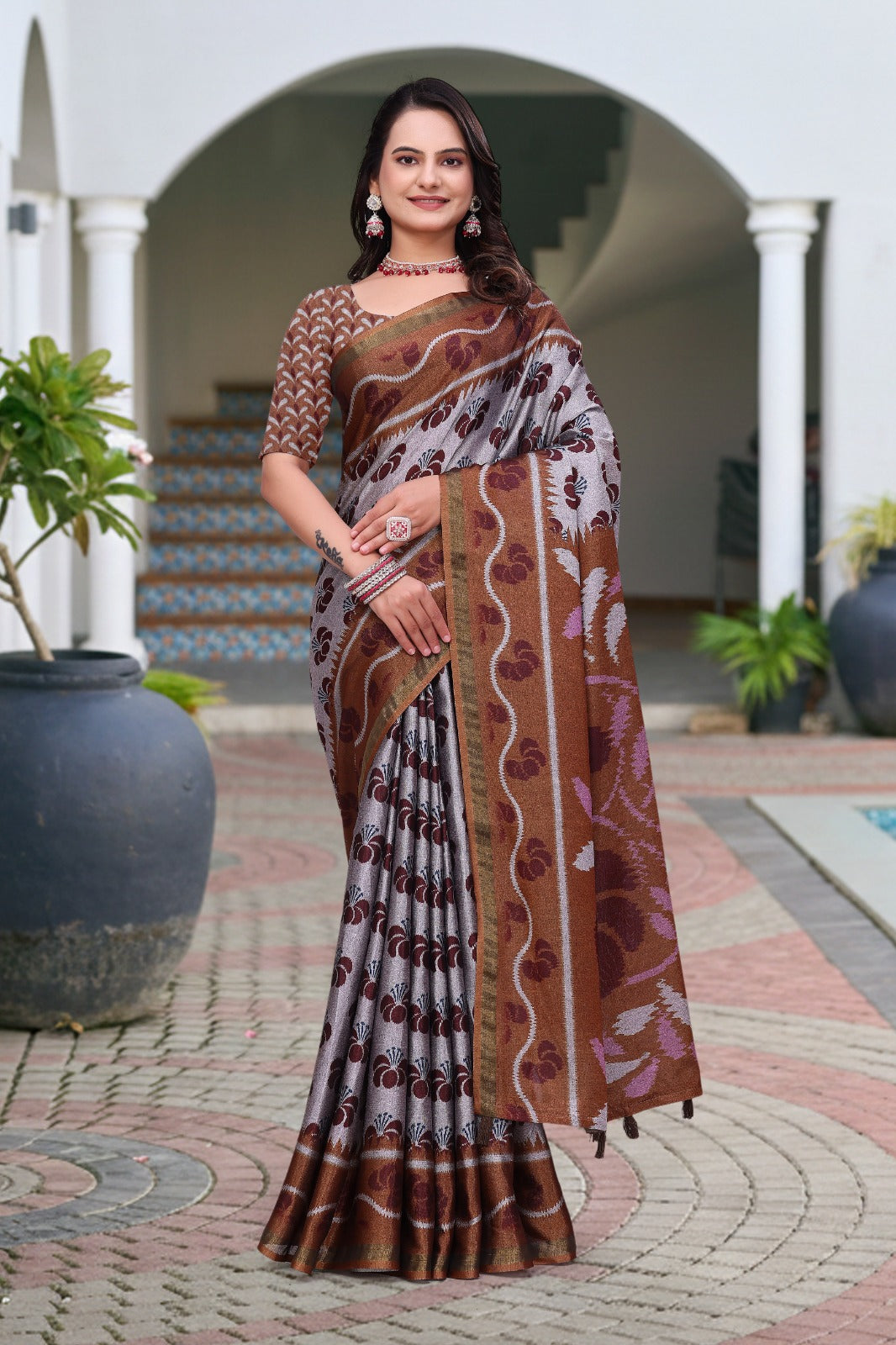 Brown Printed Mal Cotton Saree with Designer Pallu