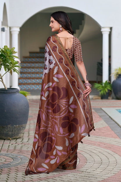 Brown Printed Mal Cotton Saree with Designer Pallu for Women