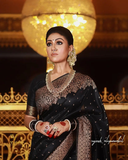 Black Banarasi Soft Silk Jacquard Zari Saree for Women