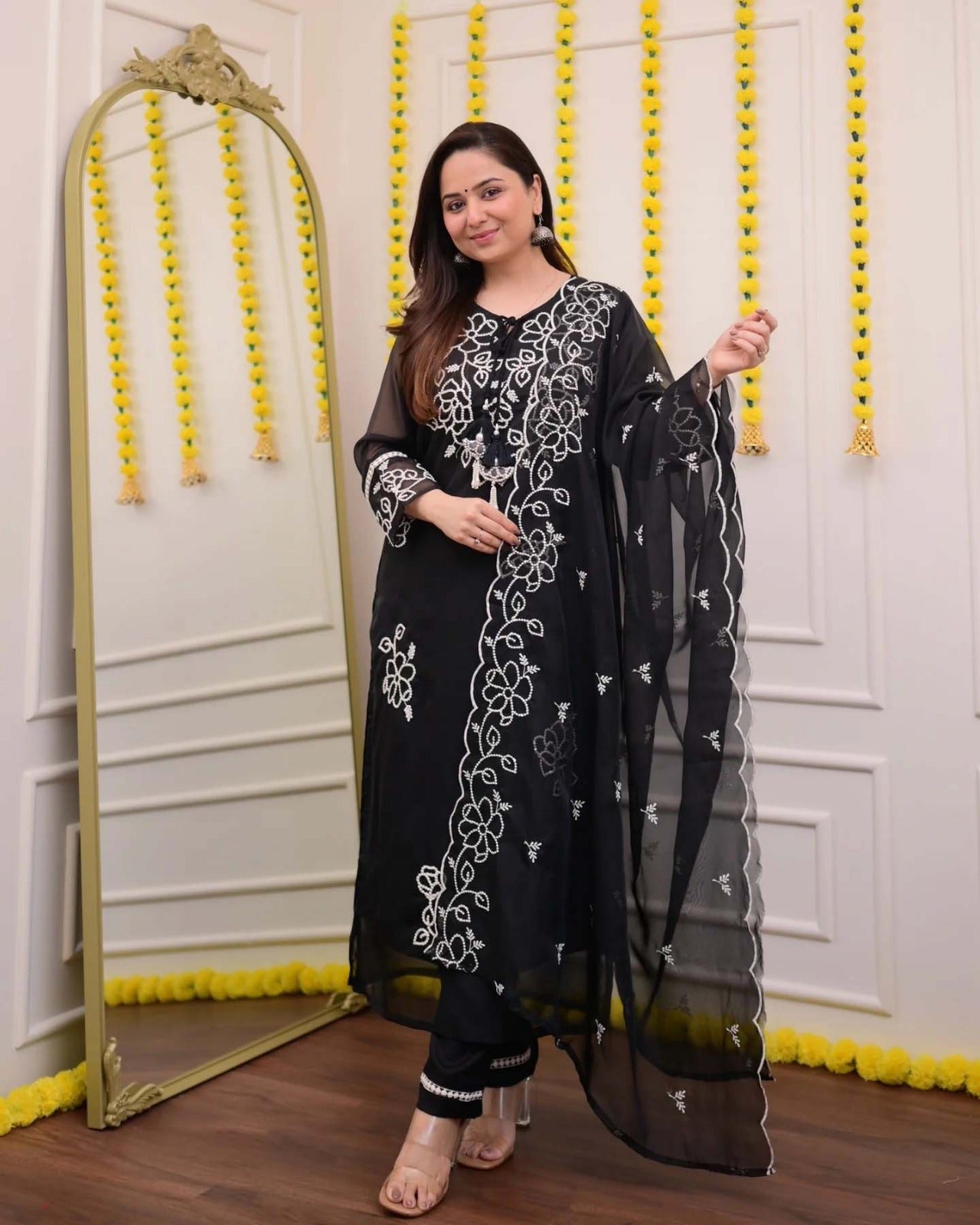 Black Georgette Embroidered Kurta Set for Women