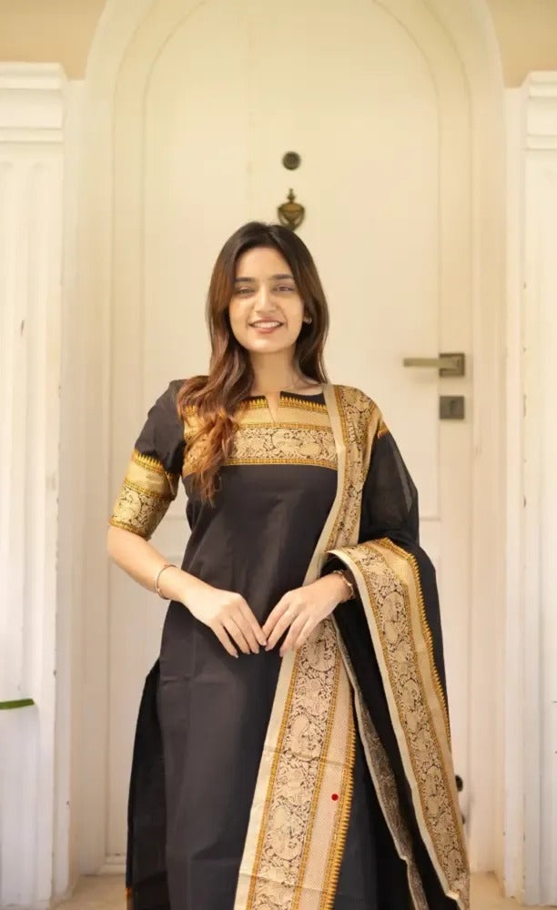 Black Jacquard Woven Kanchi Cotton Kurti Set