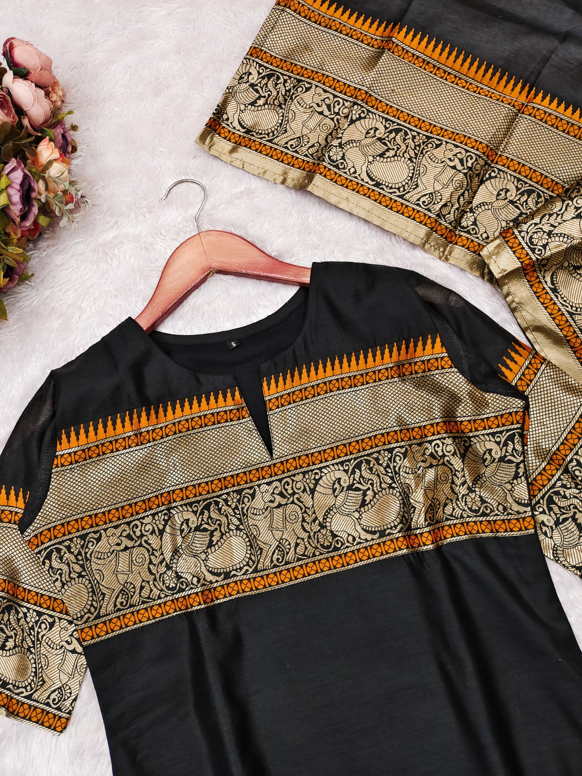 Black Jacquard Woven Kanchi Cotton Kurti Set for Women