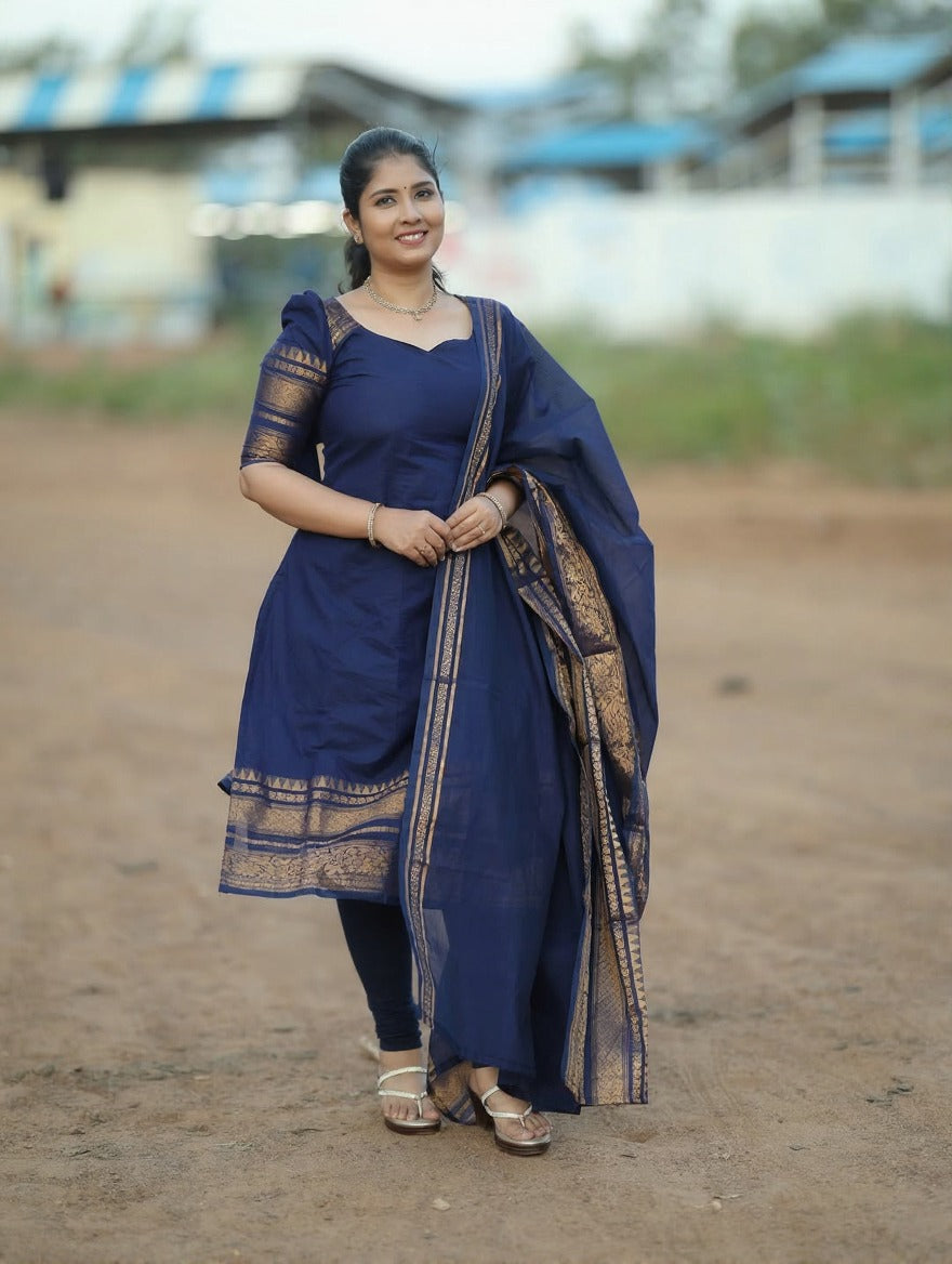 Blue Kanchi Cotton Jacquard Kurti Dupatta Set for Women