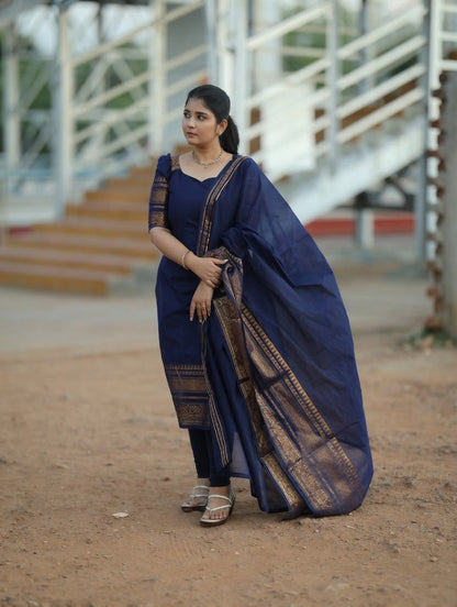 Blue Kanchi Cotton Jacquard Kurti Dupatta Set for Women