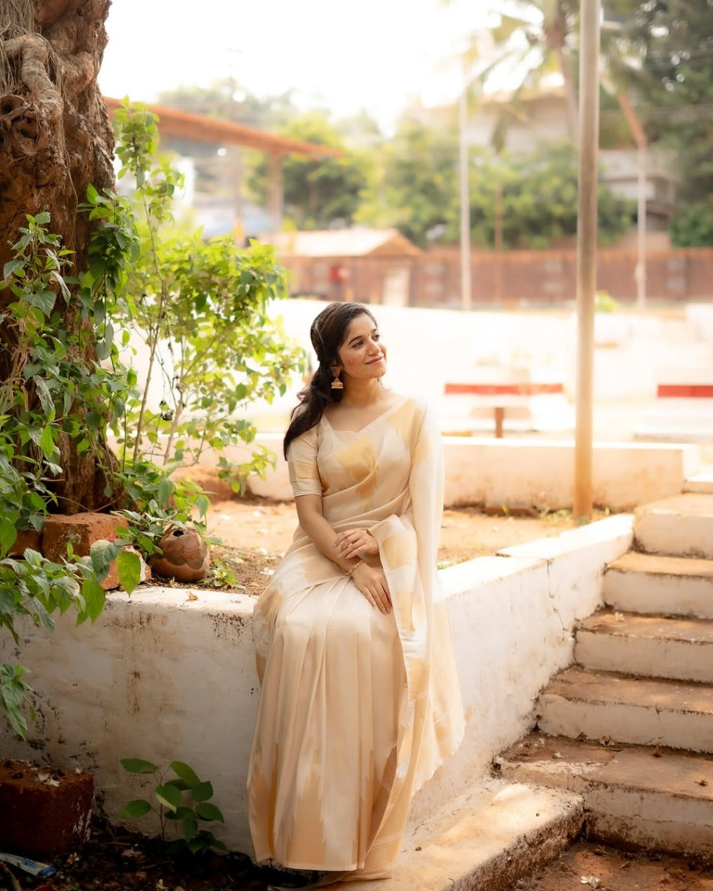 Cream Banarasi Soft Silk Zari Work Saree