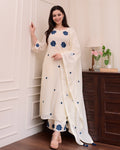 Cream Blue Embroidered Viscose Kurti Set