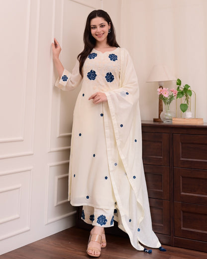 Cream Blue Embroidered Viscose Kurti Set for Women