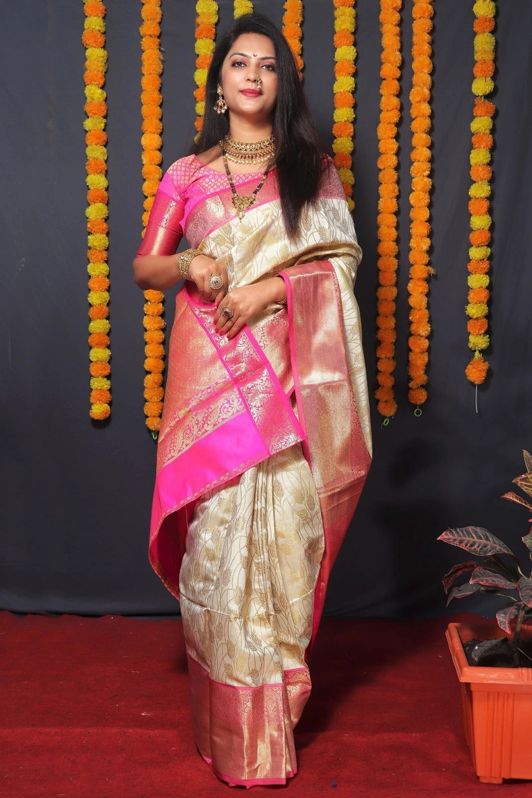 Cream Pink Banarasi Soft Silk Zari Weave Saree