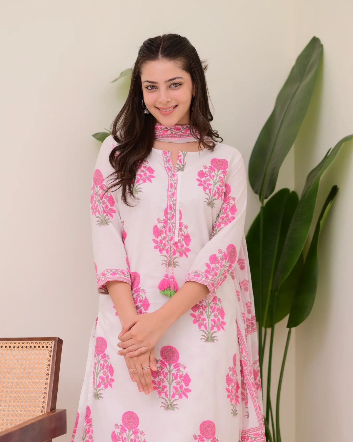 Cream Pink Printed Rayon Readymade Salwar Suit for Women