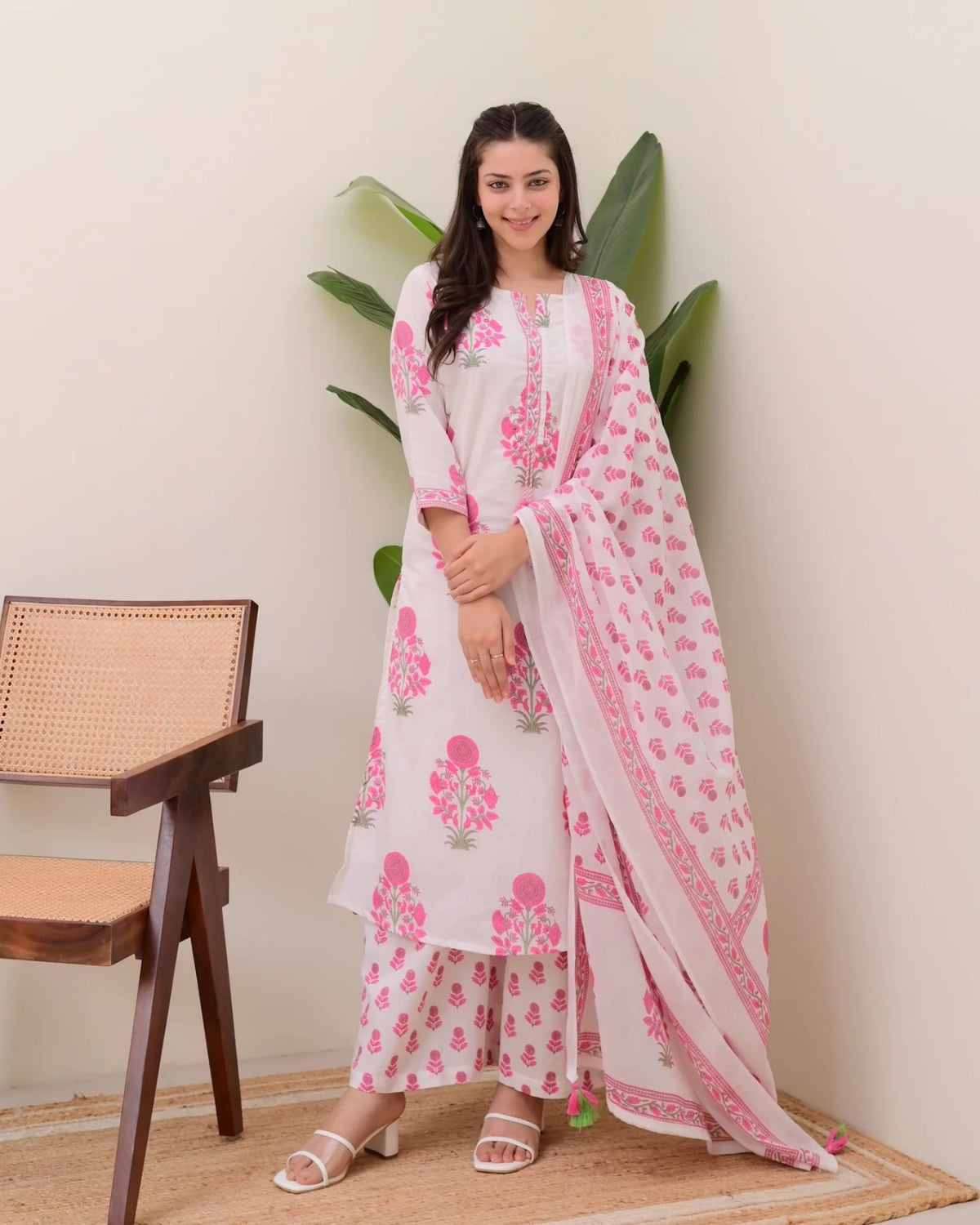 Cream Pink Printed Rayon Readymade Salwar Suit for Women