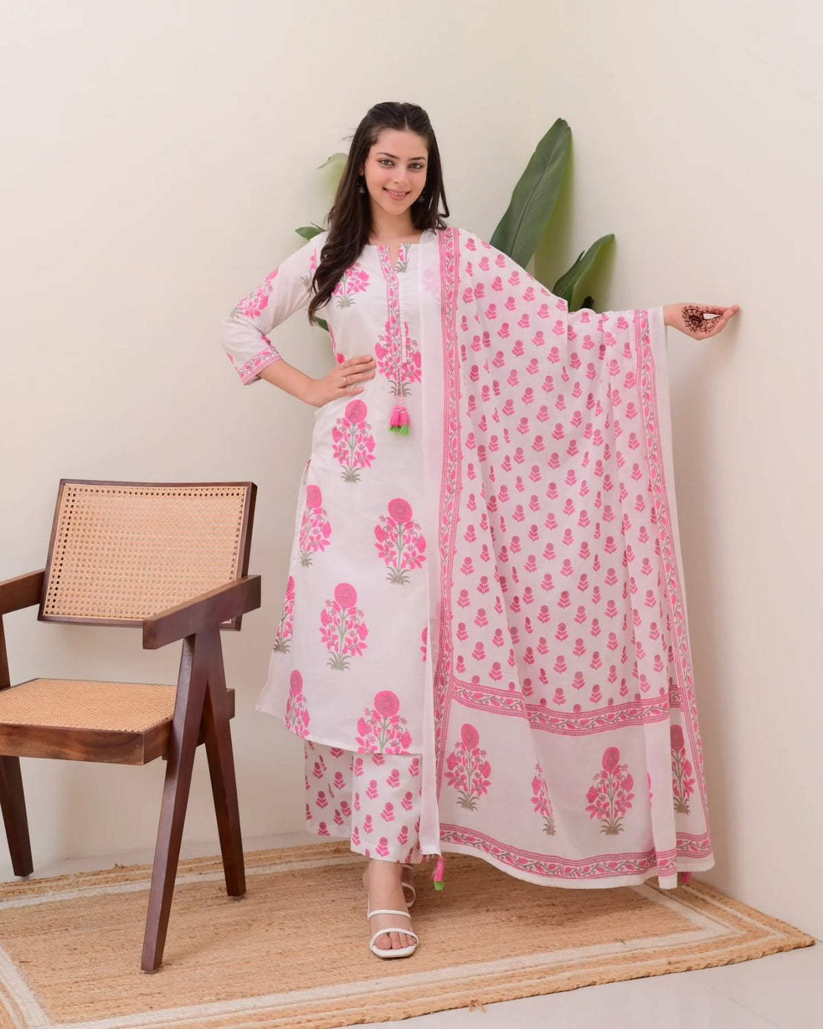 Cream Pink Printed Rayon Readymade Salwar Suit for Women