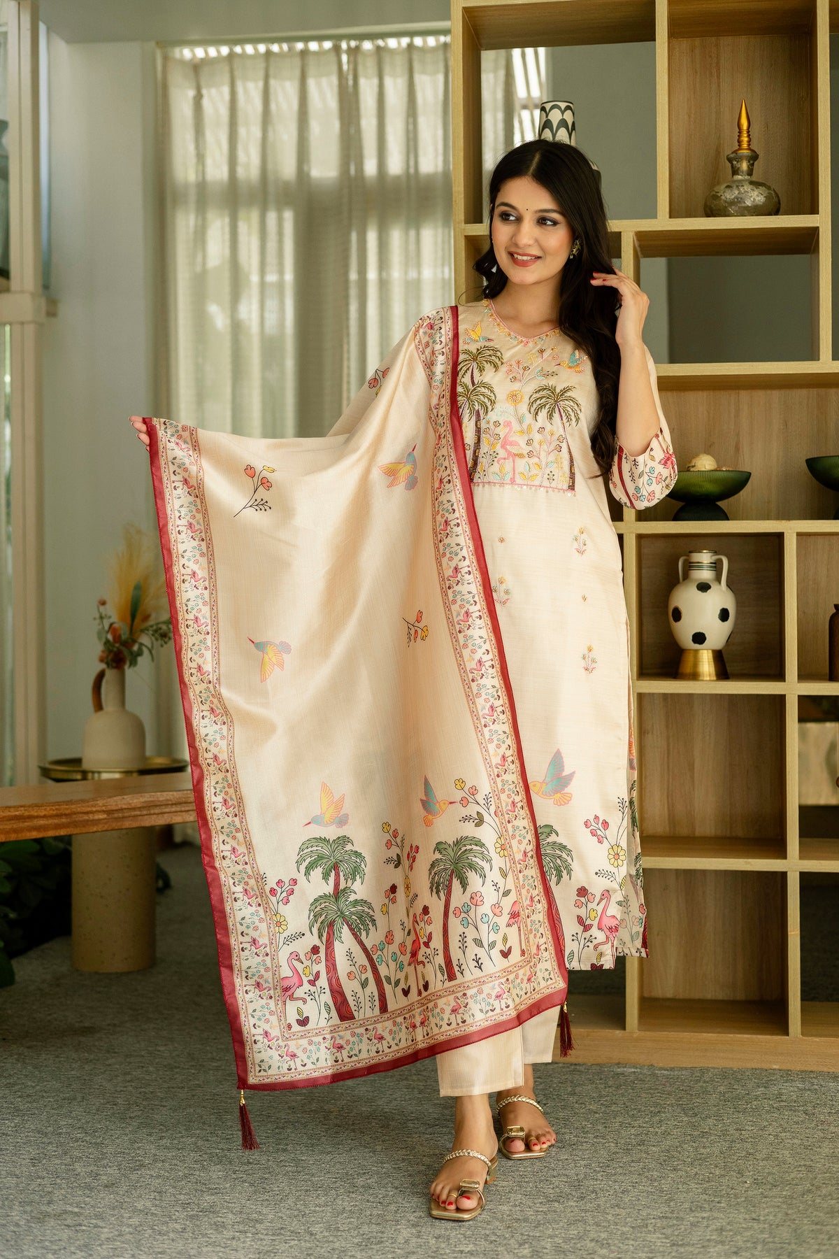 Cream Threadwork Printed Readymade Salwar Suit for Women