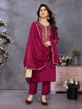 Magenta Chanderi Cotton Kurti Pant Dupatta Set