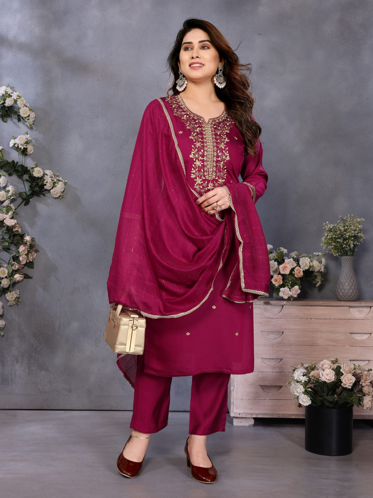 Magenta Chanderi Cotton Kurti Pant Dupatta Set