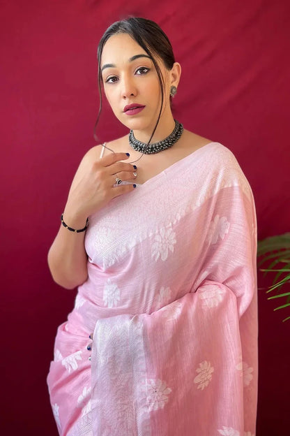 Pink Banarasi Soft Silk Jacquard Saree with Zari for Women