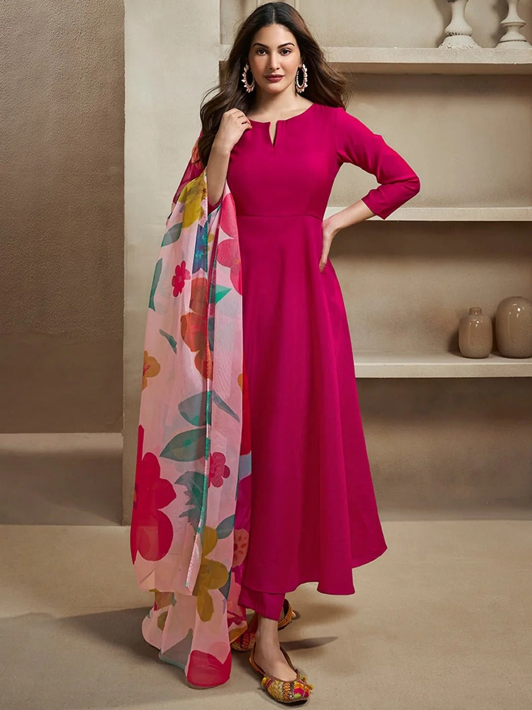 Pink Chanderi Cotton Kurti Pant Dupatta Set