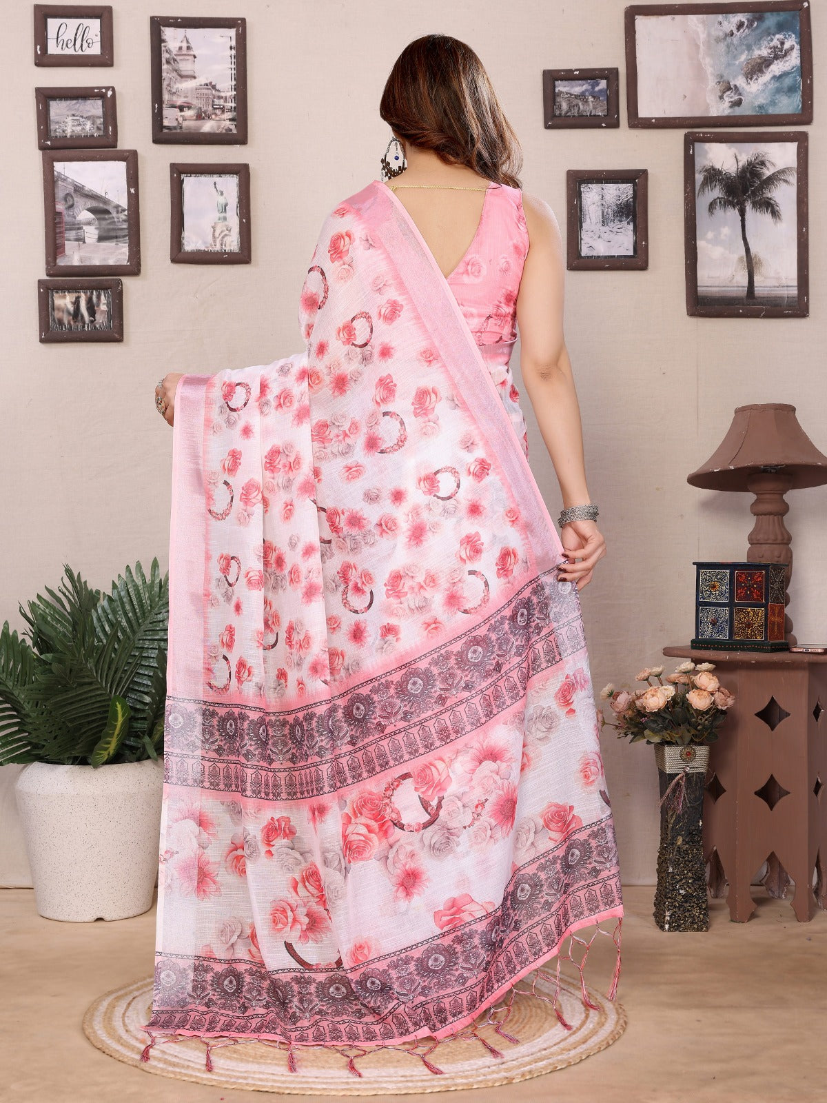 Pink Floral Cotton Linen Printed Saree