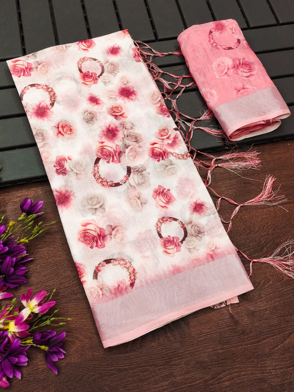 Pink Floral Cotton Linen Printed Saree