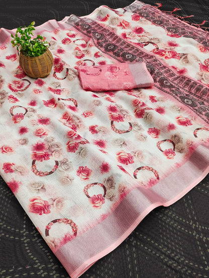 Pink Floral Cotton Linen Printed Saree for Women