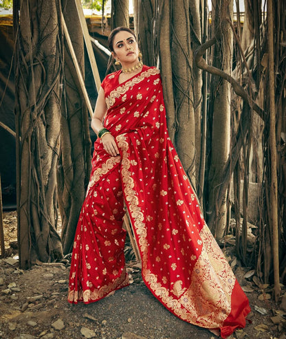 Red Banarasi Soft Silk Zari Weave Sareee for Women