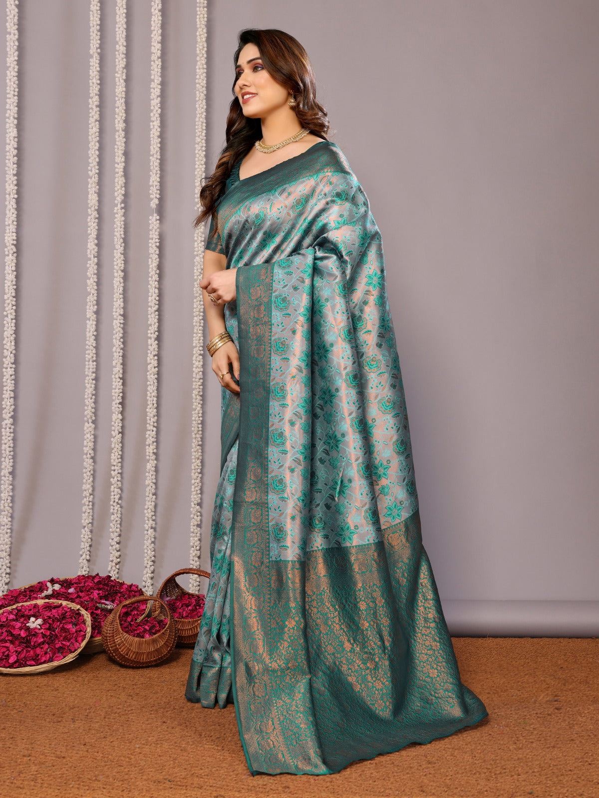 Teal Green Banarasi Soft Silk Jacquard Saree
