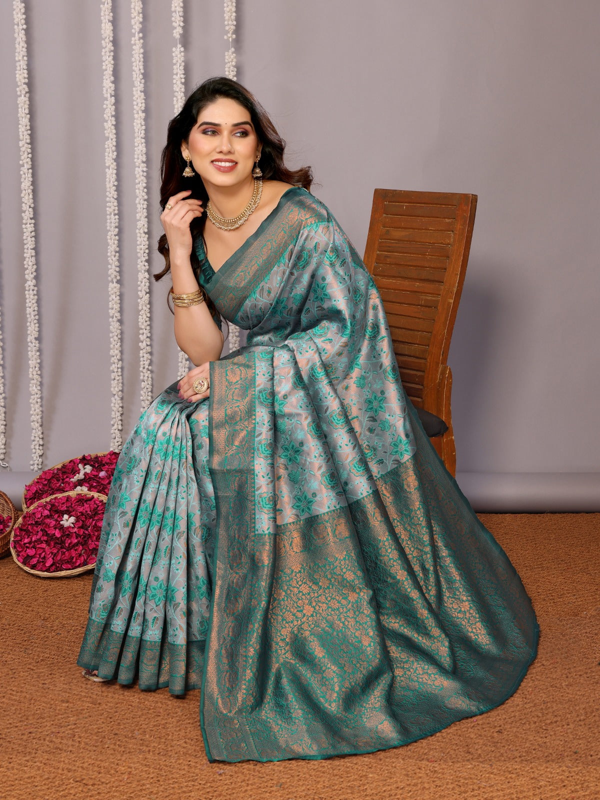 Teal Green Banarasi Soft Silk Jacquard Saree