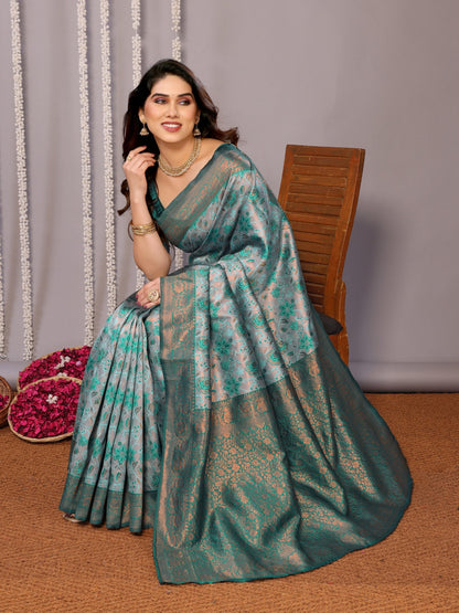 Teal Green Banarasi Soft Silk Jacquard Saree for Women