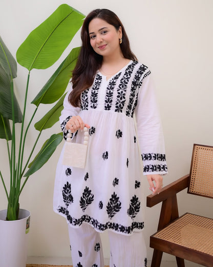 White Black Embroidered Rayon Kurta Palazzo Set for Women