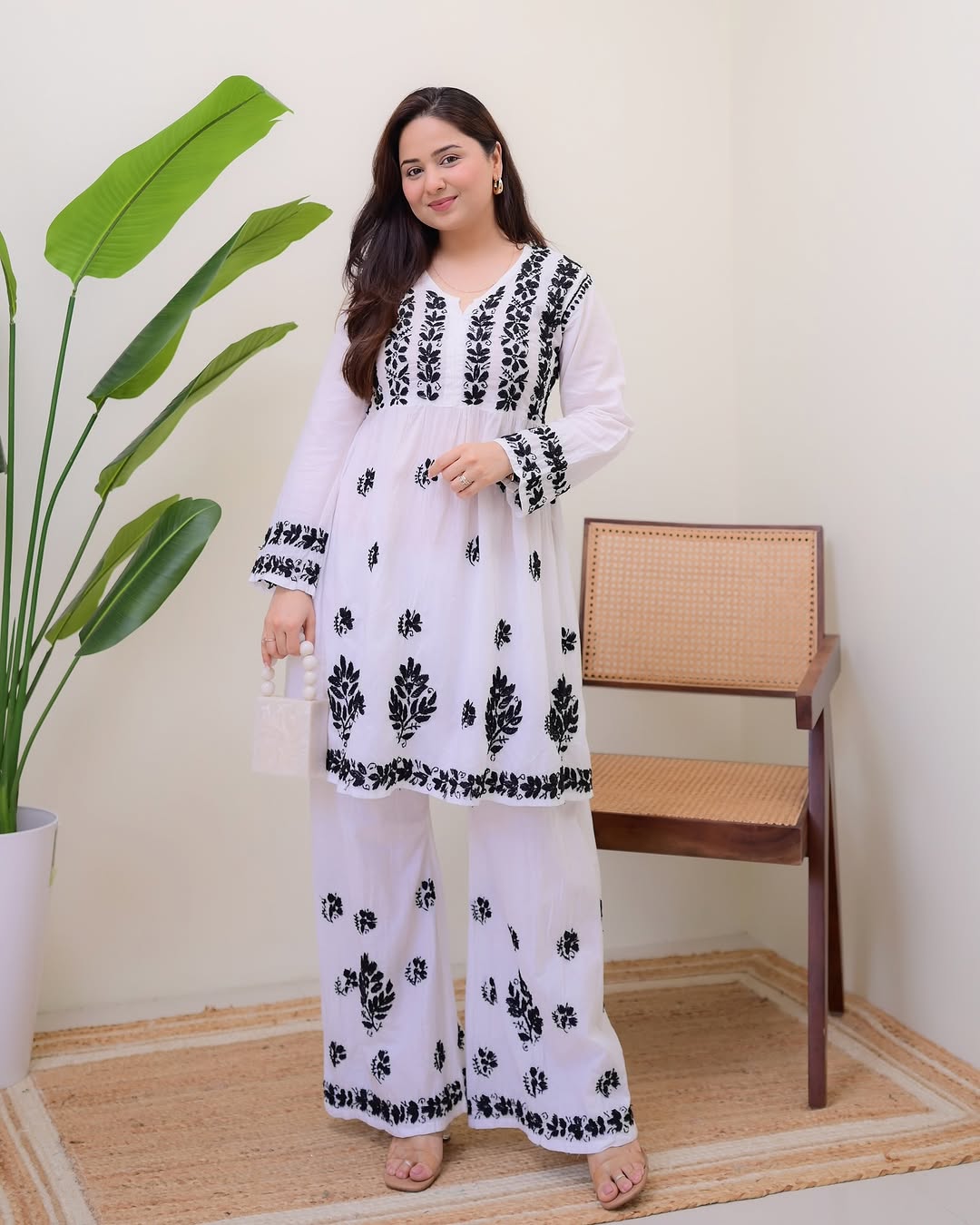 White Black Embroidered Rayon Kurta Palazzo Set for Women