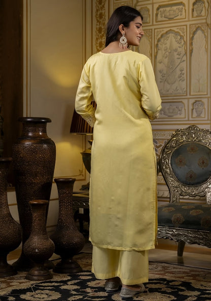 Yellow Embroidered Cotton Kurti Pant Set with Dupatta for Women