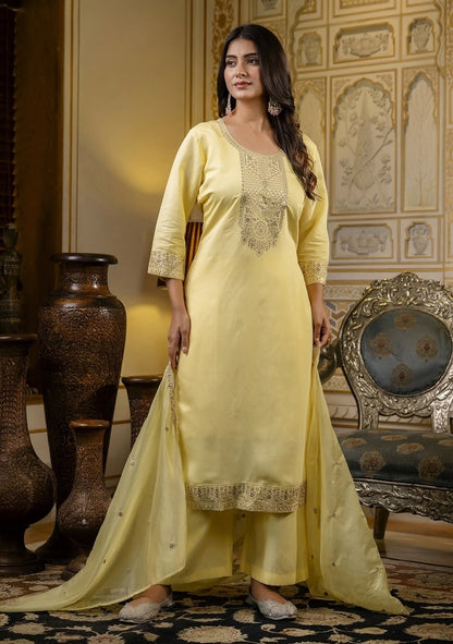 Yellow Embroidered Cotton Kurti Pant Set with Dupatta for Women