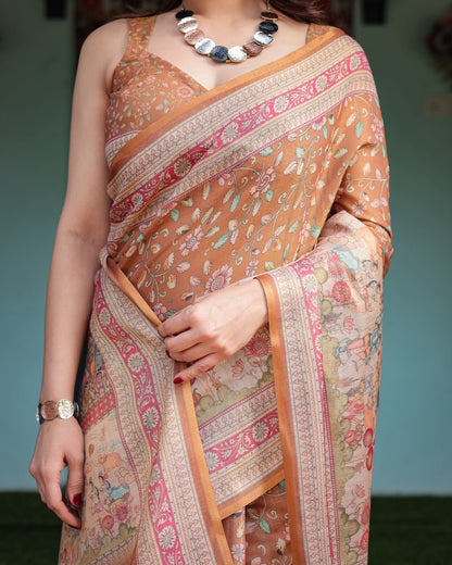 Caramel Brown Floral Handloom Saree with Printed Pallu for Women