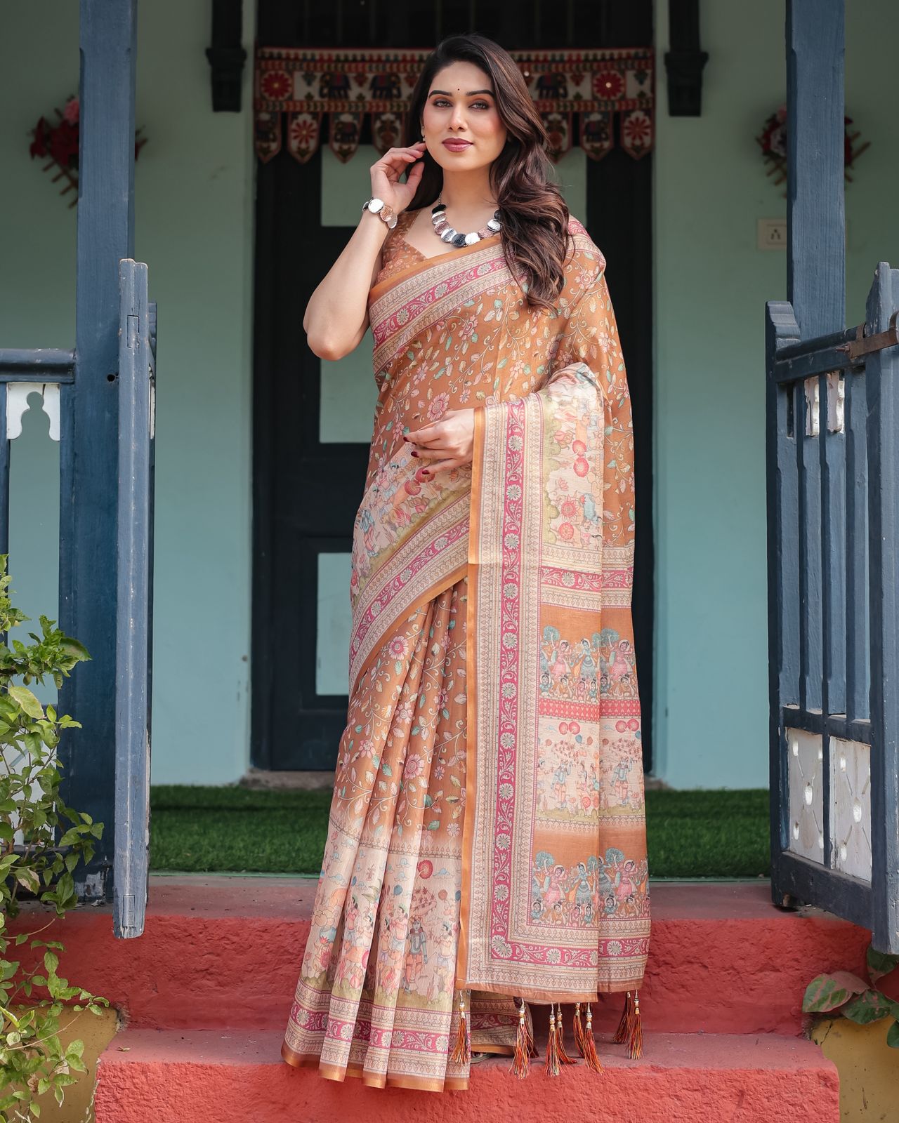 Caramel Brown Floral Handloom Saree with Printed Pallu