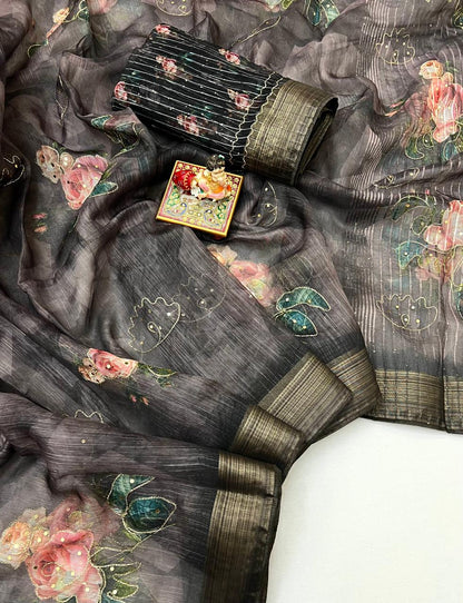 Elegant Charcoal Garden Organza Cotton Silk Saree for Women